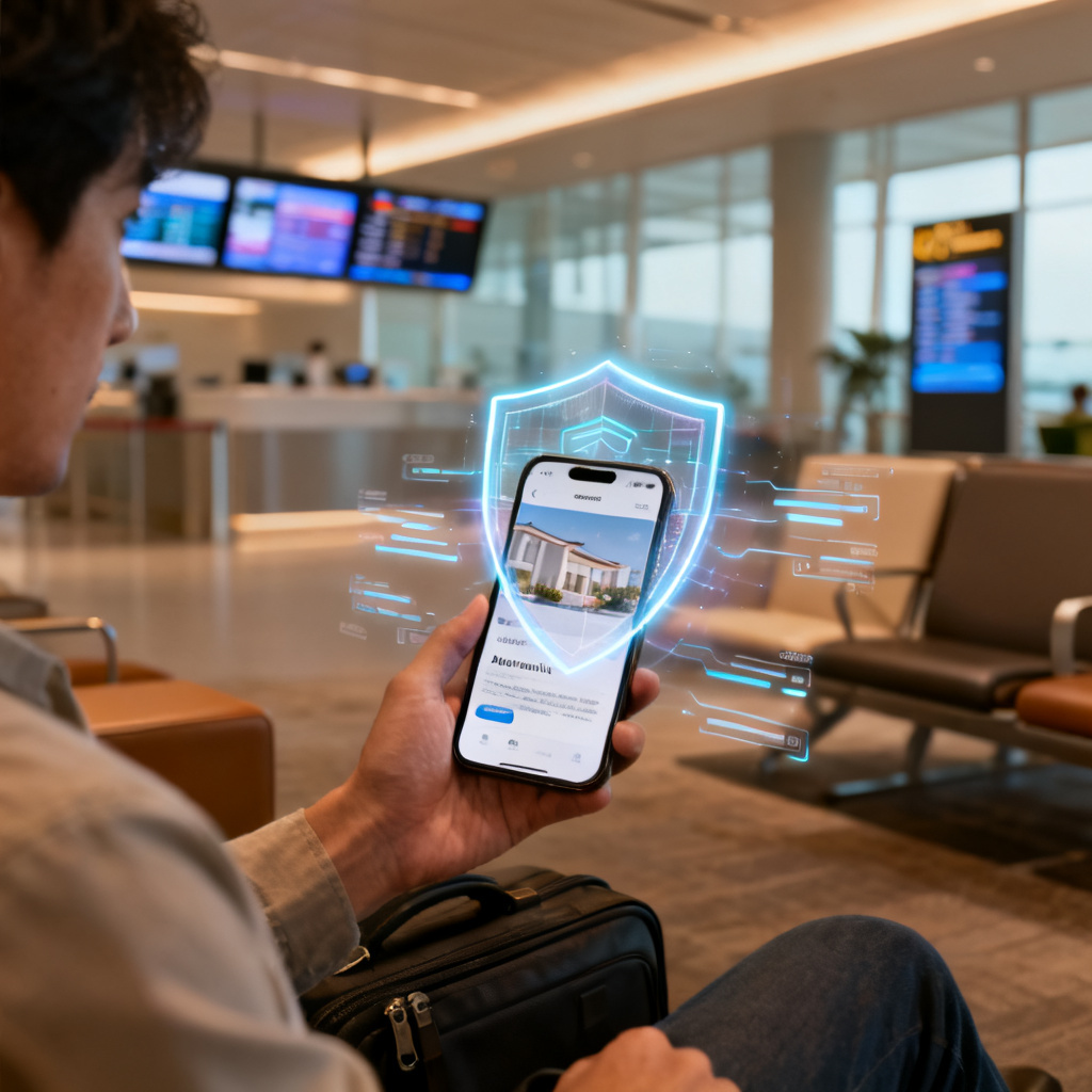 A traveler sitting in an airport lounge, looking at a smartphone displaying an AI-generated hotel recommendation being verified by a security shield interface, with holographic data floating around the phone