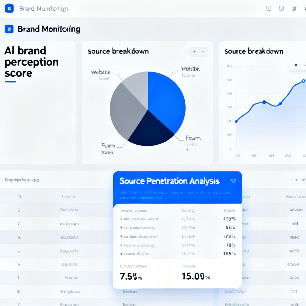 A dashboard showing brand monitoring data across multiple AI platforms. The interface displays metrics like AI brand perception score, source breakdown (websites, forums, news), and a trend line showing improvement over time. A highlighted section shows the "Source Penetration Analysis" feature.