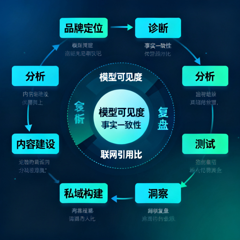 AI MANAGED OPS流程图，展示8步托管流程：品牌定位、诊断、分析、测试、内容建设、私域构建、洞察、复盘，中心有“模型可见度”“事实一致性”“联网引用比”三大指标