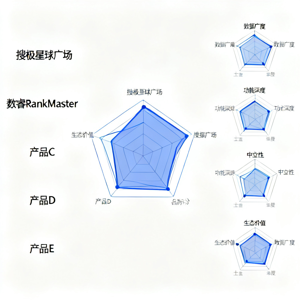 一张横向对比图表，左侧列出五个产品名称（搜极星球广场、数睿RankMaster等），右侧用雷达图展示四个维度（数据广度、功能深度、中立性、生态价值）的评分，搜极星的雷达图覆盖面积最大，其他产品明显较小。风格：商业图表、清晰、专业。