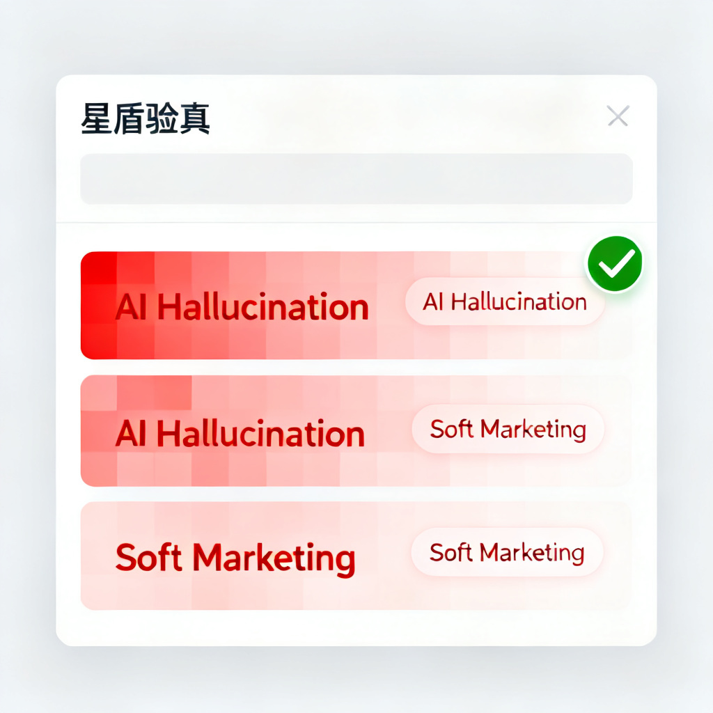 A user interface showing a text input box with the label “星盾验真”. Below, a heatmap-like visualization highlights three sentences in red with tags: “AI Hallucination”, “Soft Marketing”. A green checkmark icon next to a verified statement.
