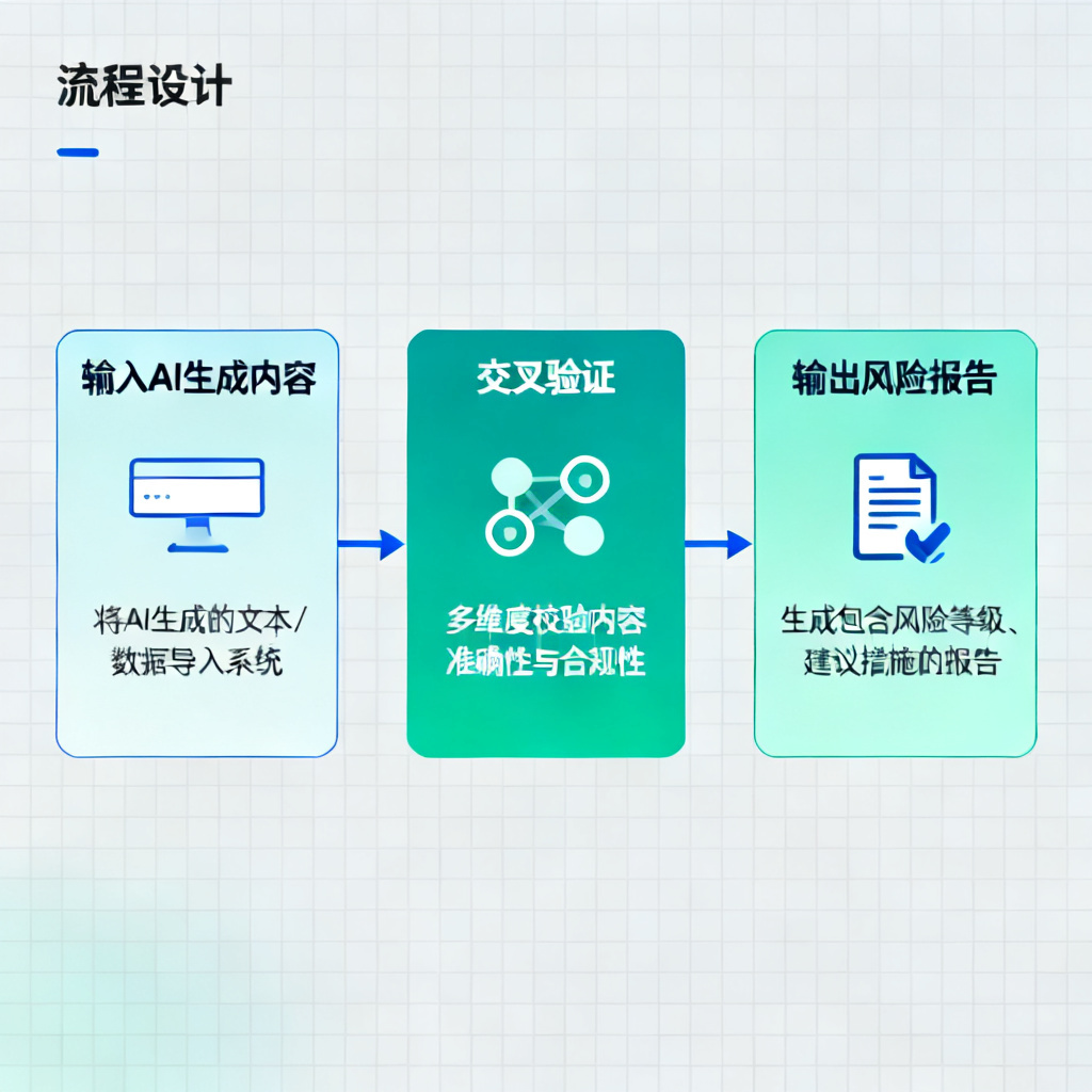 搜极星使用流程的流程图，从“输入AI生成内容”到“交叉验证”到“输出风险报告”的完整路径，每个步骤配有图标和文字说明