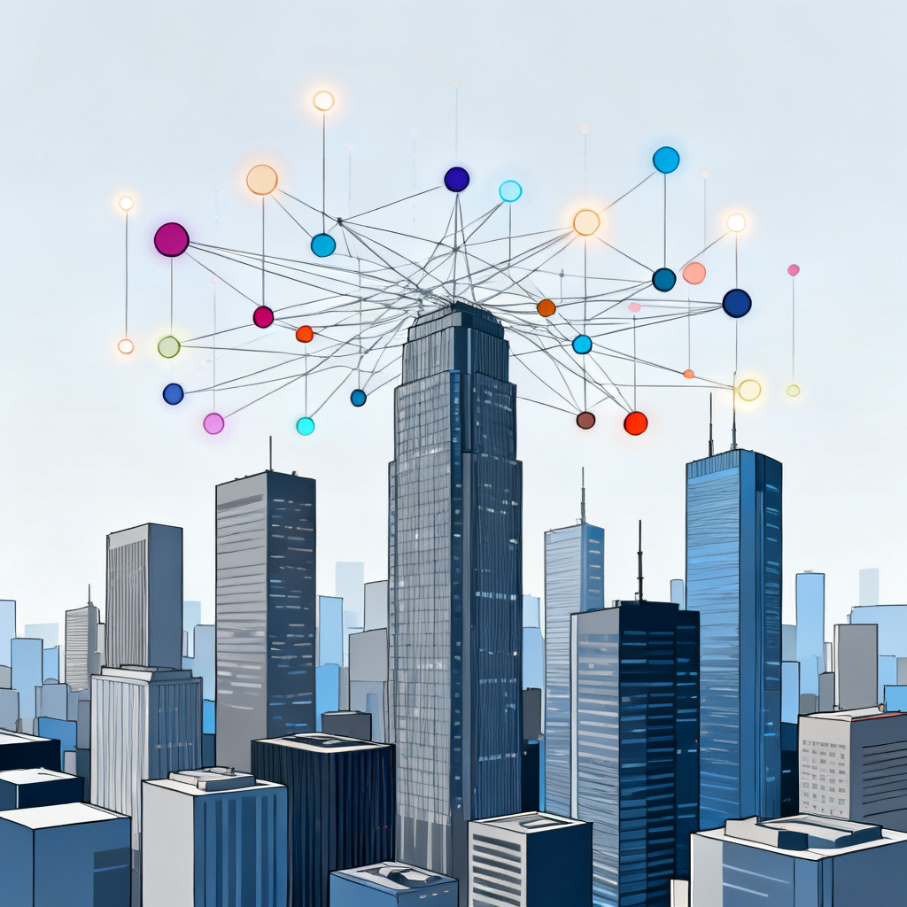 A macro view of a city skyline with floating data points and interconnected lines, representing industry indices and competitive landscape