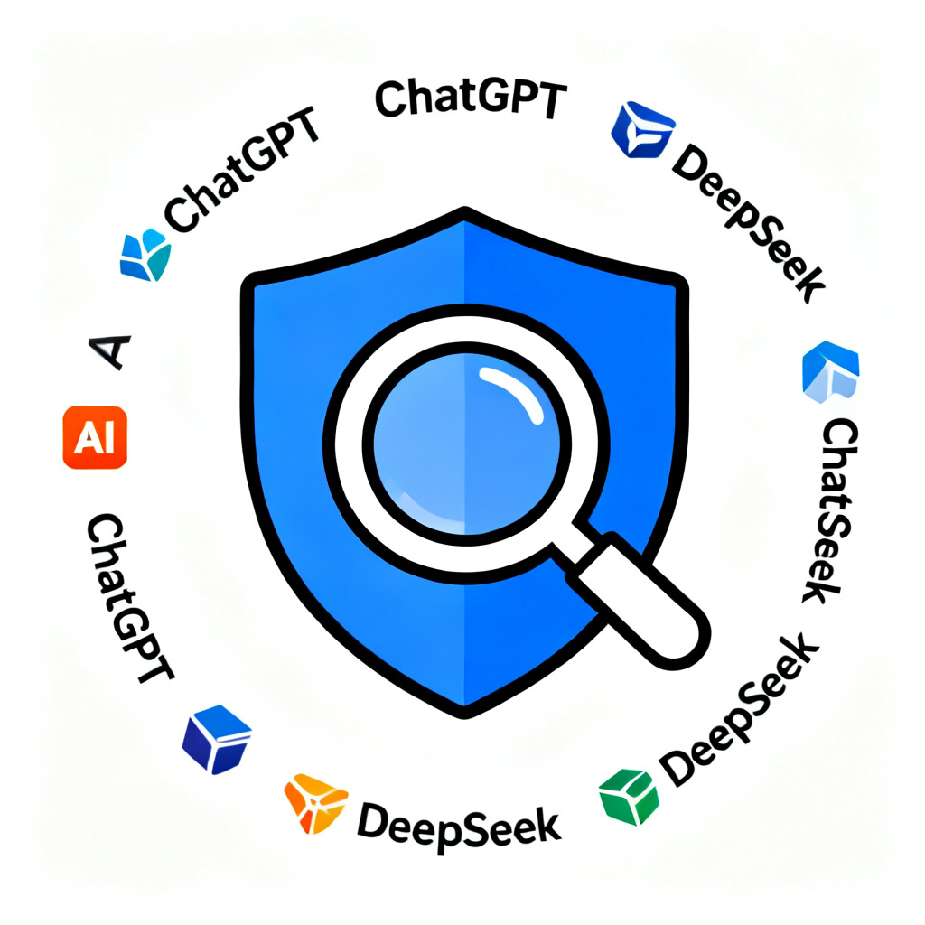 A shield icon with a magnifying glass over text, surrounded by AI model logos like ChatGPT and DeepSeek, symbolizing protection and verification