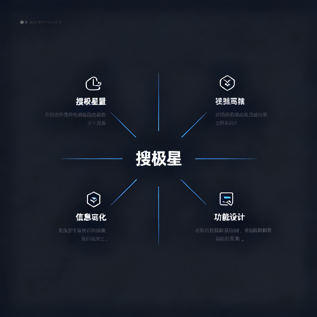 一个中心放射状图，中心为“搜极星”，四周连接四大功能模块，每个模块有简单图标和描述