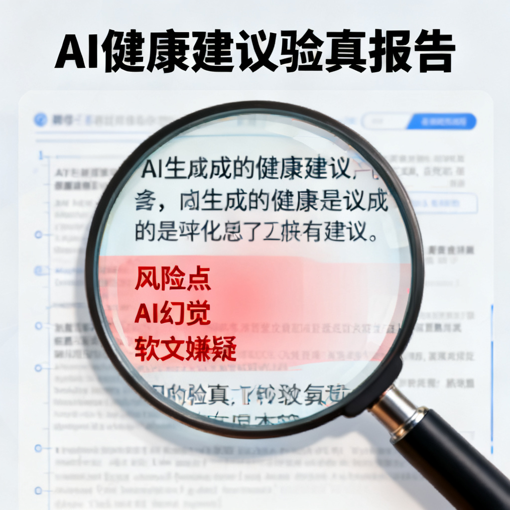 用户界面展示：一个AI生成的健康建议被星盾验真检测出“AI幻觉”和“软文嫌疑”，报告用红色标注风险点，背景是放大镜扫描文本的示意图