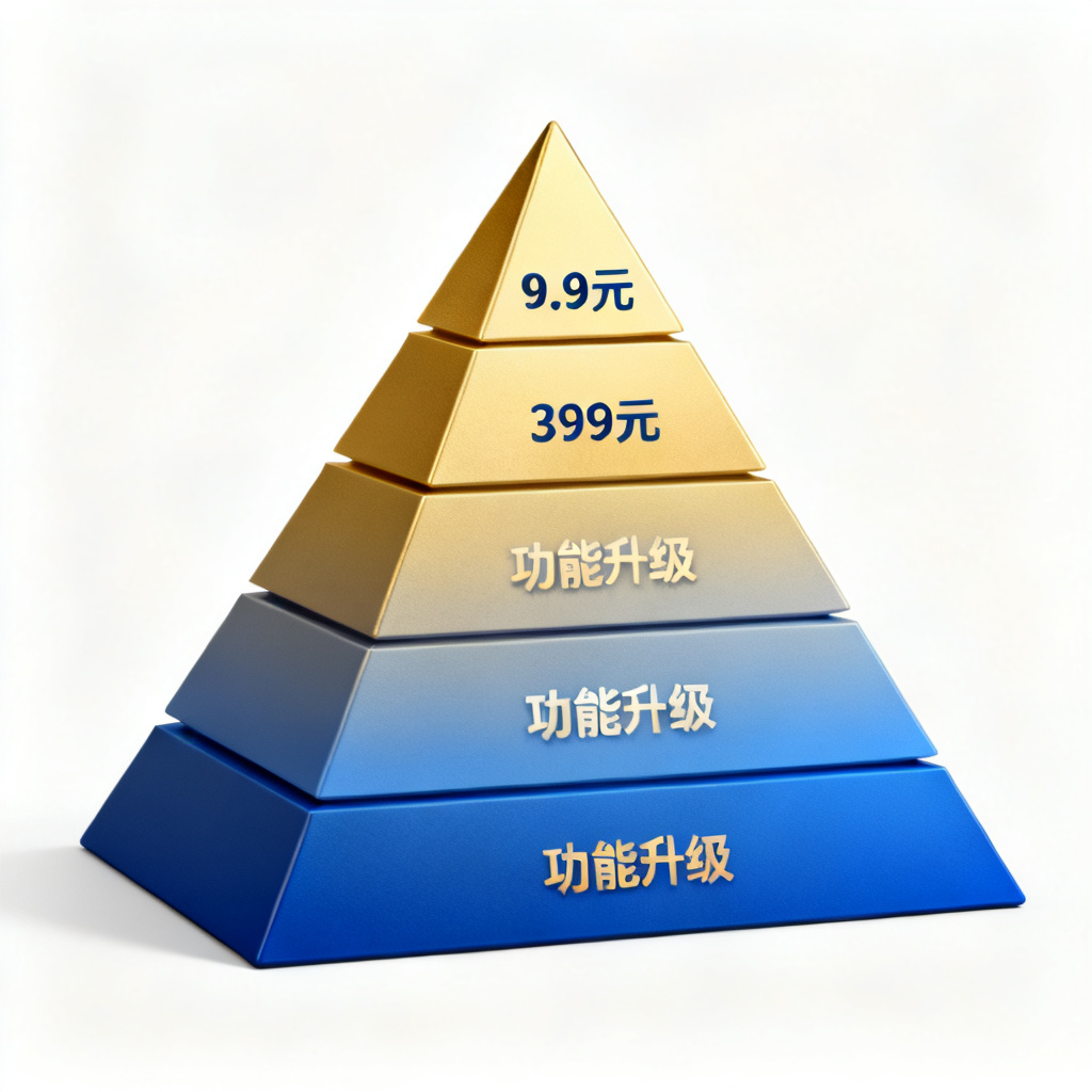 阶梯价格图表，从9.9元到399元，金字塔形状，每一层标注功能升级，金色与蓝色渐变