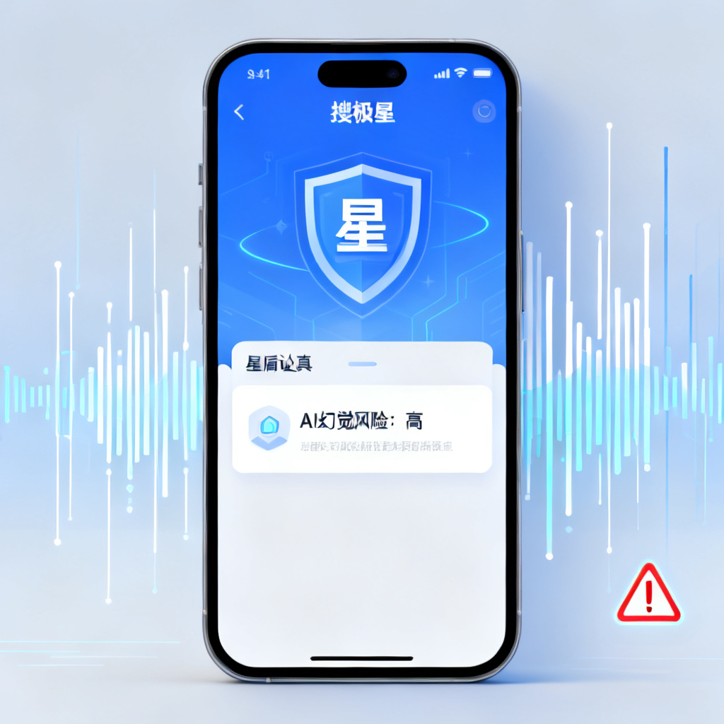一位用户正在手机屏幕上使用搜极星的星盾验真功能，界面显示“AI幻觉风险：高”，背景有数据流线条和警示图标，风格简洁科技感。