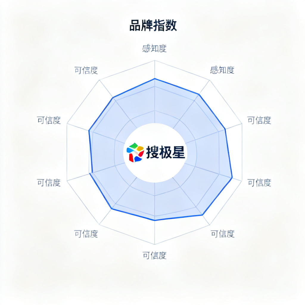 一张品牌指数雷达图，中心为搜极星logo，辐射出多个指标维度如感知度、可信度，风格扁平化