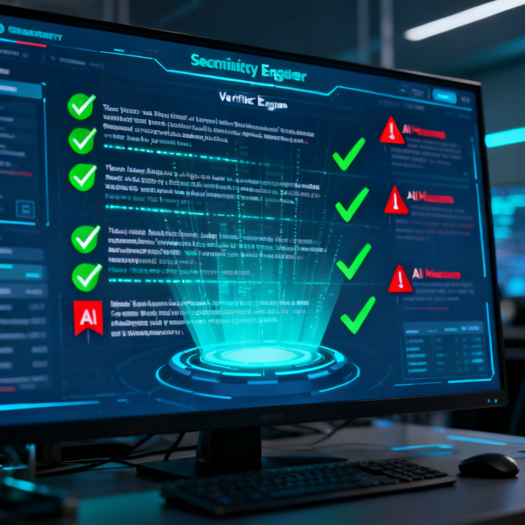 A modern cybersecurity operations center interface displayed on a large screen, featuring a central verification engine scanning streams of text data, with green checkmarks and red warning flags visually distinguishing authentic information from AI hallucinations, professional analytical aesthetic, dark blue and cyan color scheme