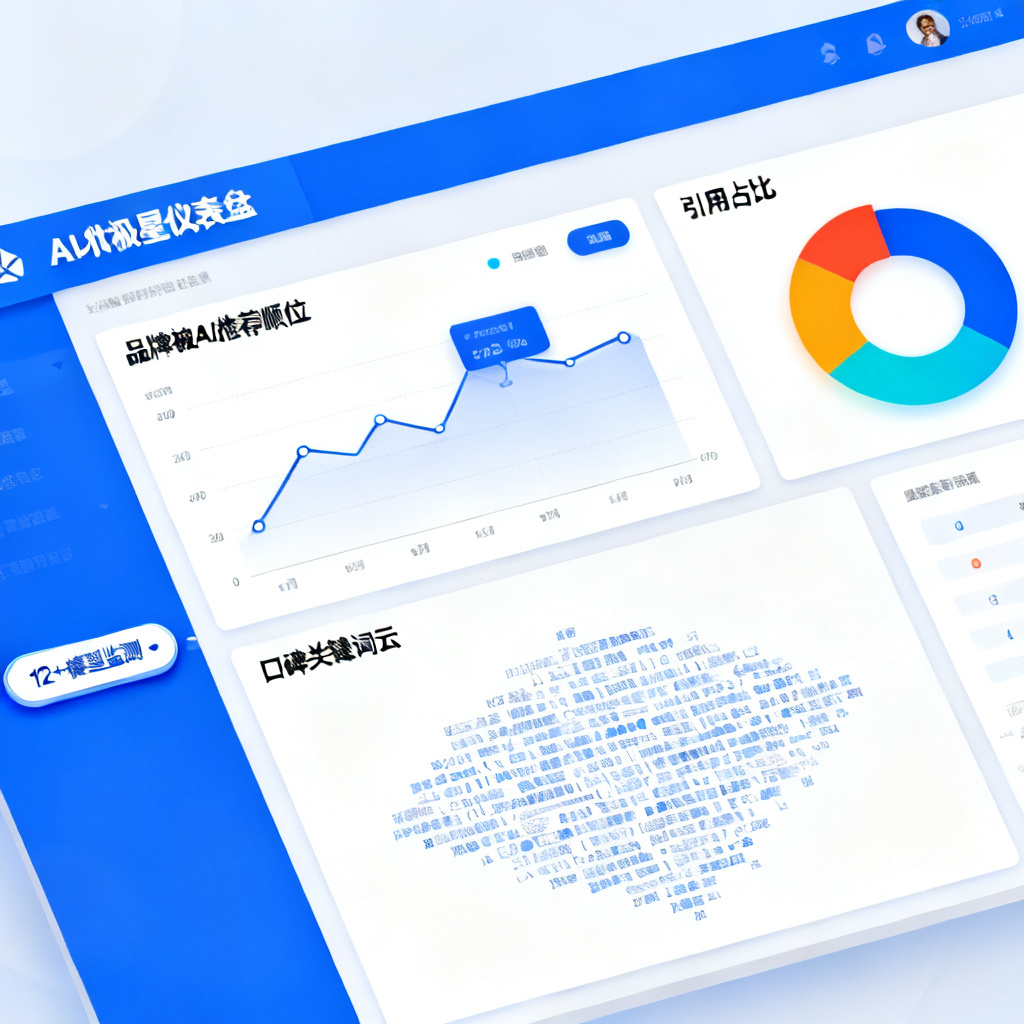 品牌AI北极星仪表盘，显示品牌被AI推荐顺位、引用占比、口碑关键词云等图表，左侧有“12+模型监测”切换按钮