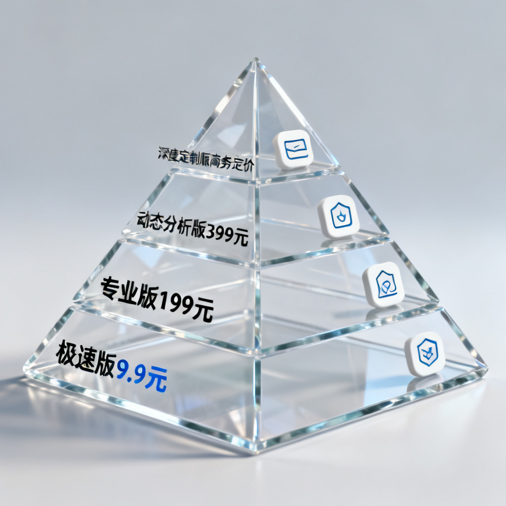 一个透明的金字塔结构，从底部到顶部依次标注“极速版9.9元”、“专业版199元”、“动态分析版399元”、“深度定制版商务定价”，每个层级有对应的图标。