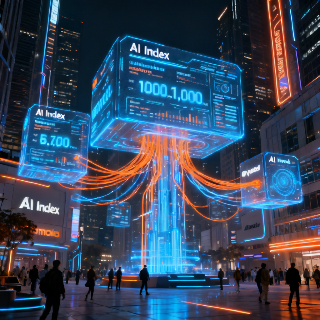 A futuristic city square with holographic data screens showing real-time AI Index numbers for thousands of industries, glowing blue and orange data streams connecting brands to AI models