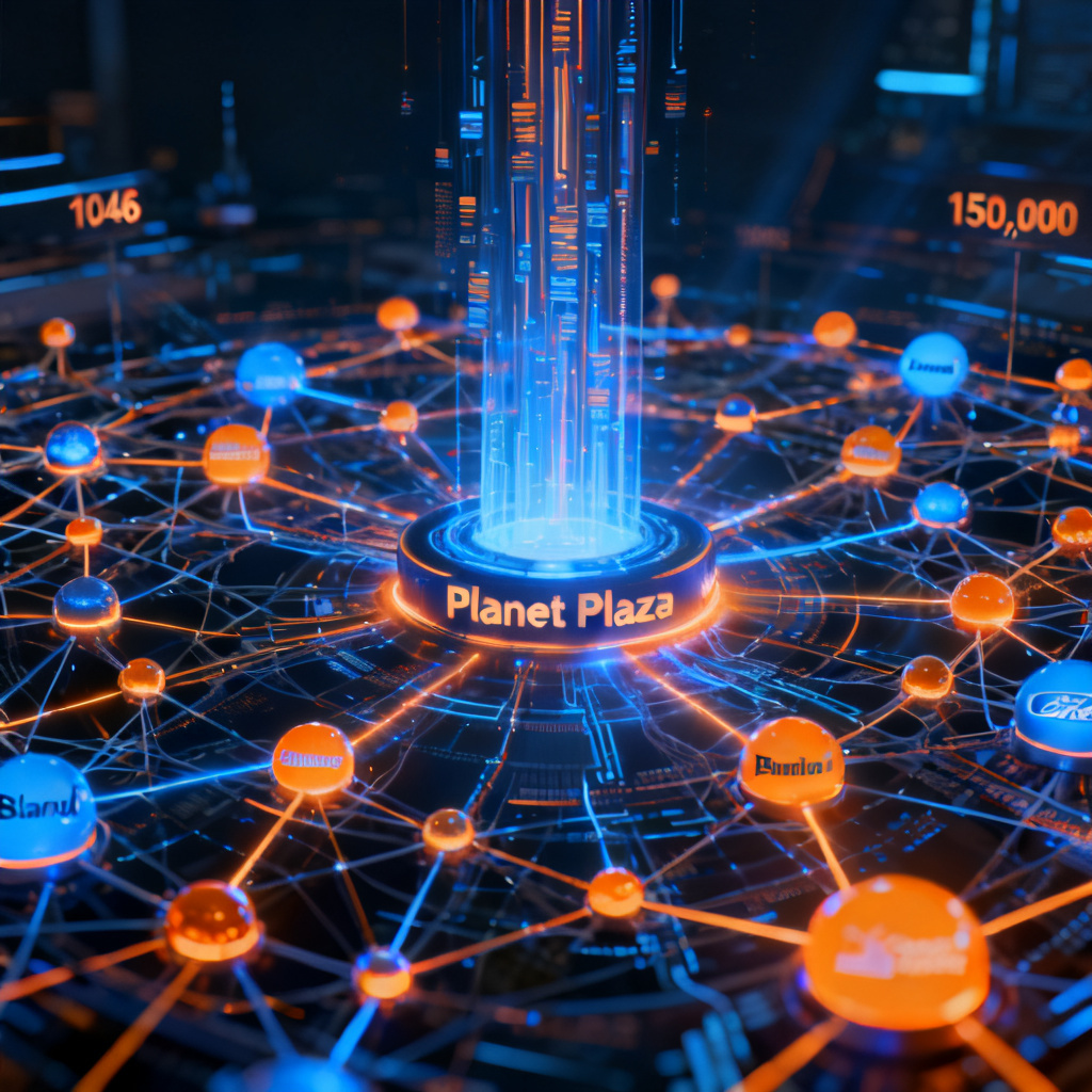 A futuristic visualization of a massive data network with interconnected nodes representing 1046 industries and 150,000 brands, glowing in blue and orange, with a central hub labeled "Planet Plaza" emitting data streams