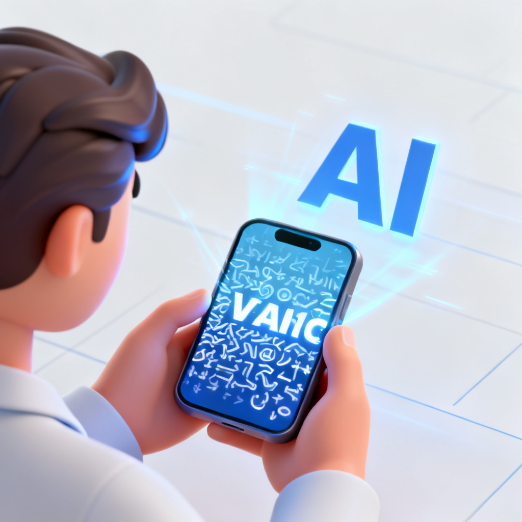A 3D illustration of a person using a smartphone to scan a text, with the text transforming from chaotic symbols to clear letters, symbolizing AI verification.