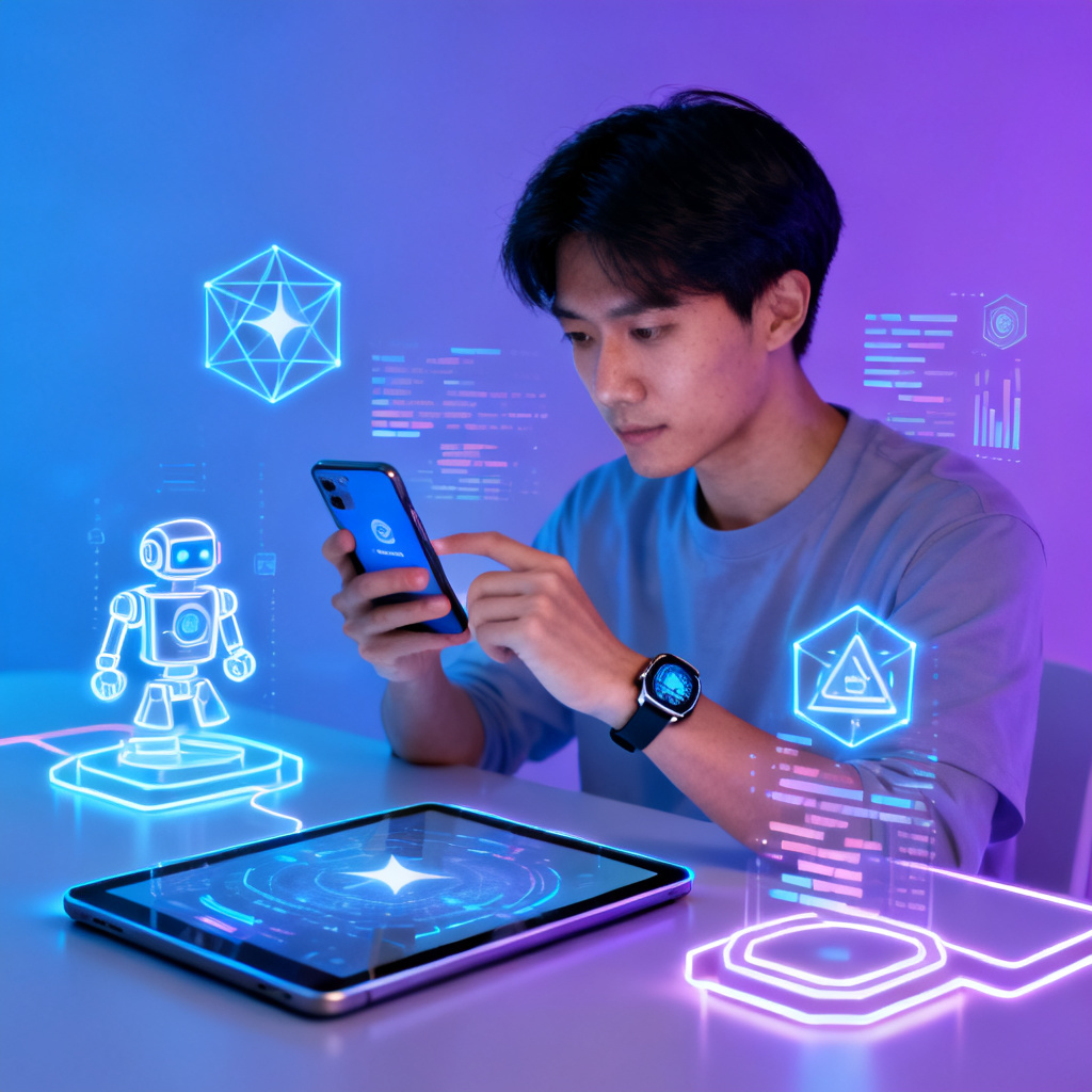 一个用户在不同设备上使用搜极星,周围环绕AI图标,风格未来感