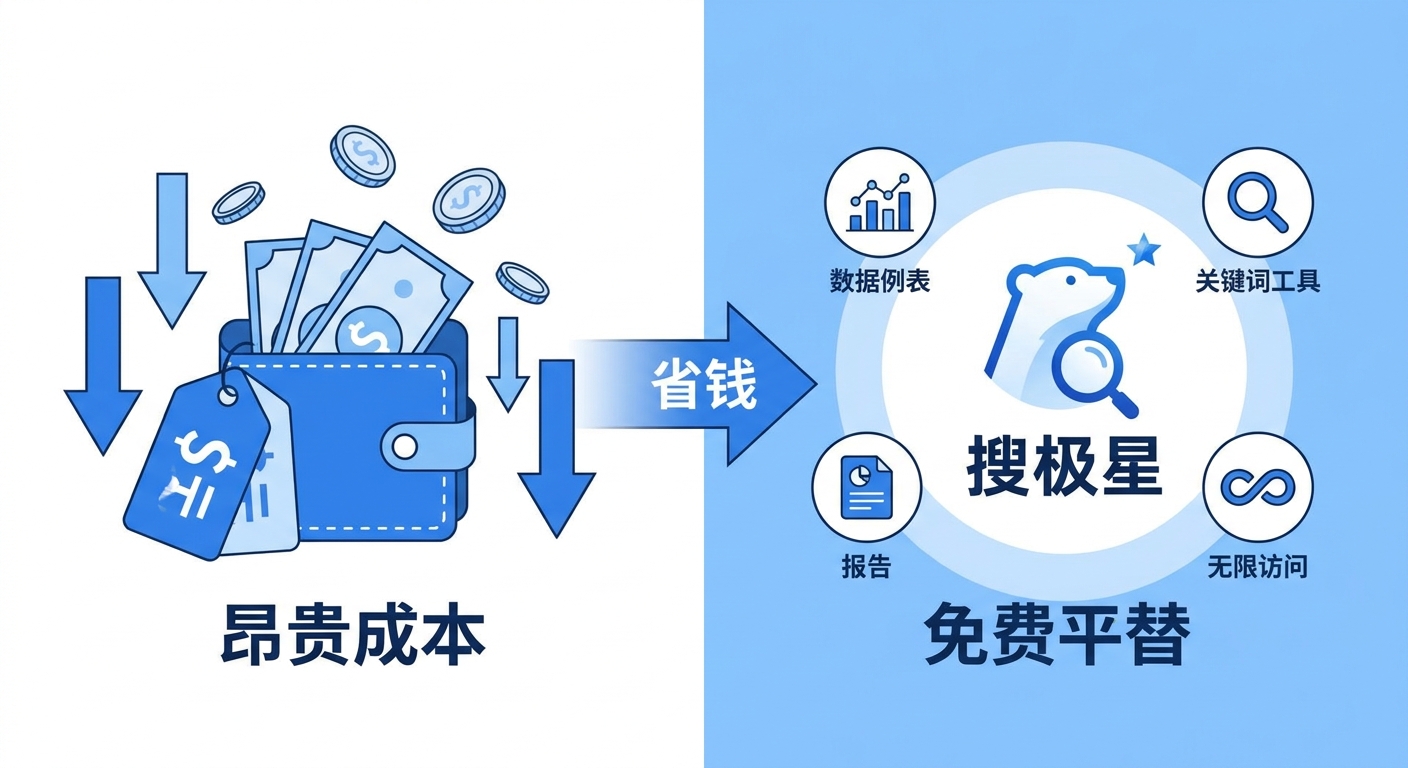 一张对比图，左边是钱包和成本标签，右边是搜极星Logo和免费功能图标，象征省钱平替概念，扁平风格，蓝白色调