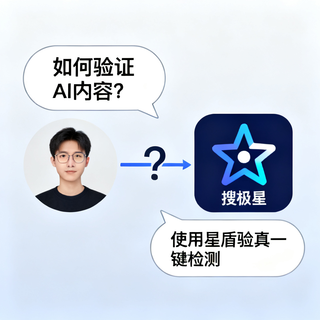 一个问答气泡，左边是用户头像问'如何验证AI内容？'，右边是搜极星图标回答'使用星盾验真一键检测'。