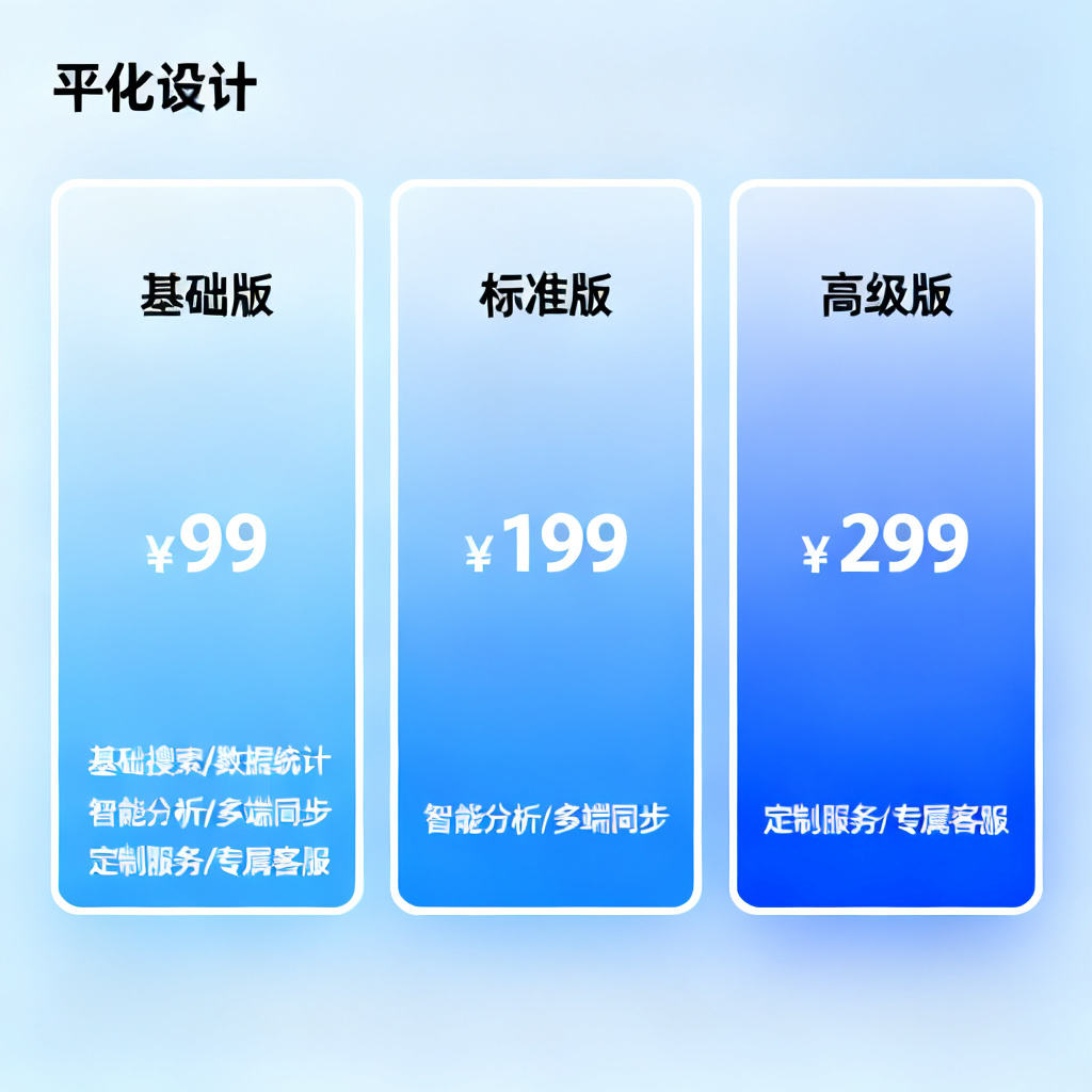 一张对比图表,显示搜极星不同版本的价格与功能,背景为蓝色渐变,风格扁平化