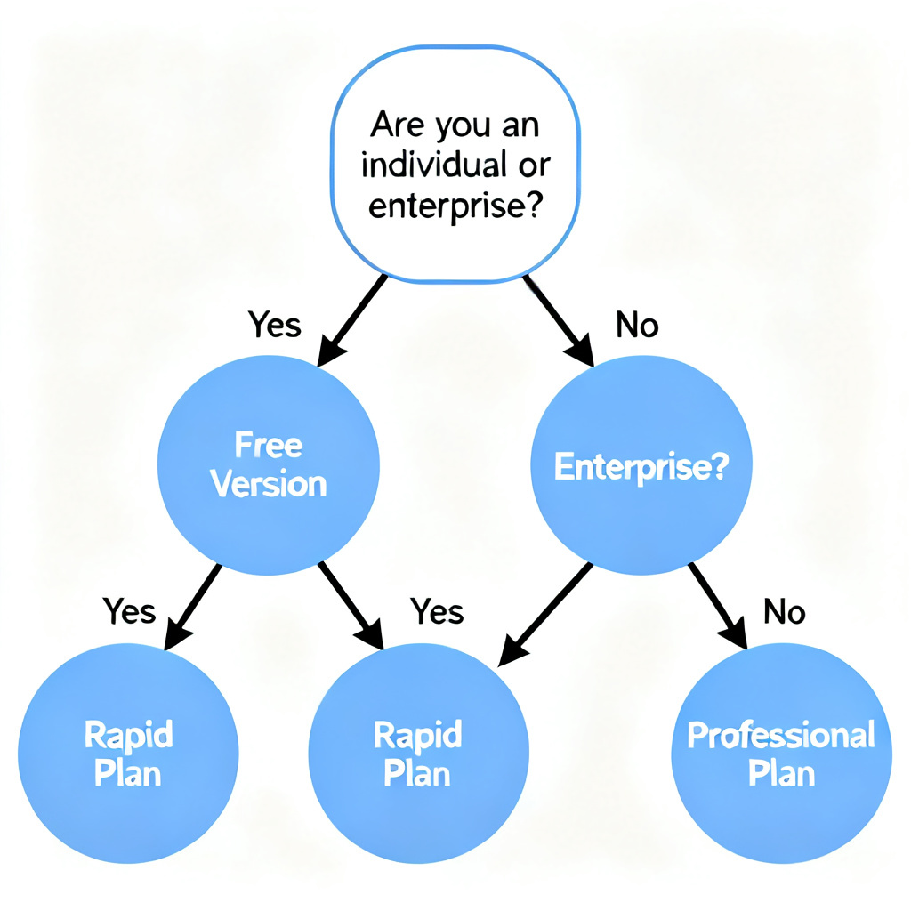 A decision tree flowchart with yes/no nodes guiding users from 'Are you an individual or enterprise?' to recommendations like 'Free Version', 'Rapid Plan', 'Professional Plan', etc., using modern flat design with arrows and rounded boxes.