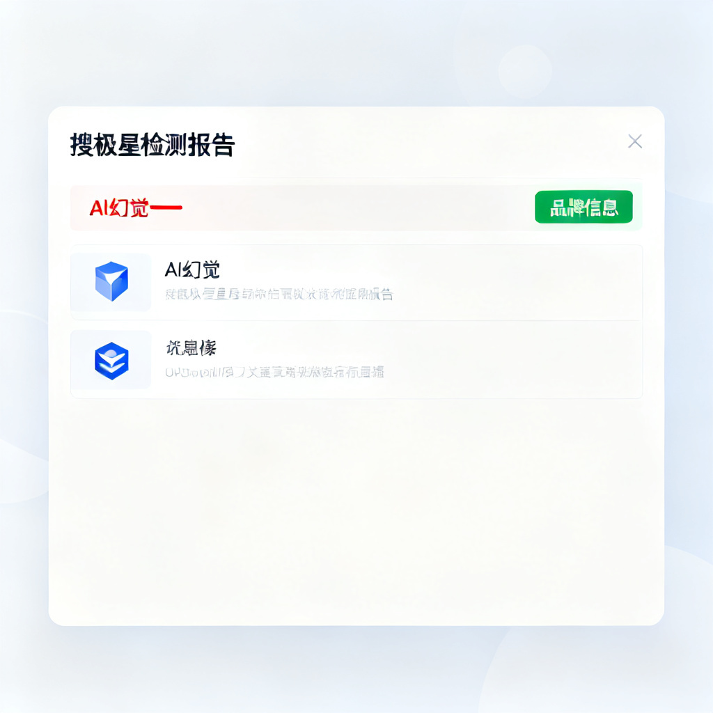 一个用户界面显示搜极星的检测报告，包含红色标记的AI幻觉和绿色通过的品牌信息，风格为现代扁平化UI设计