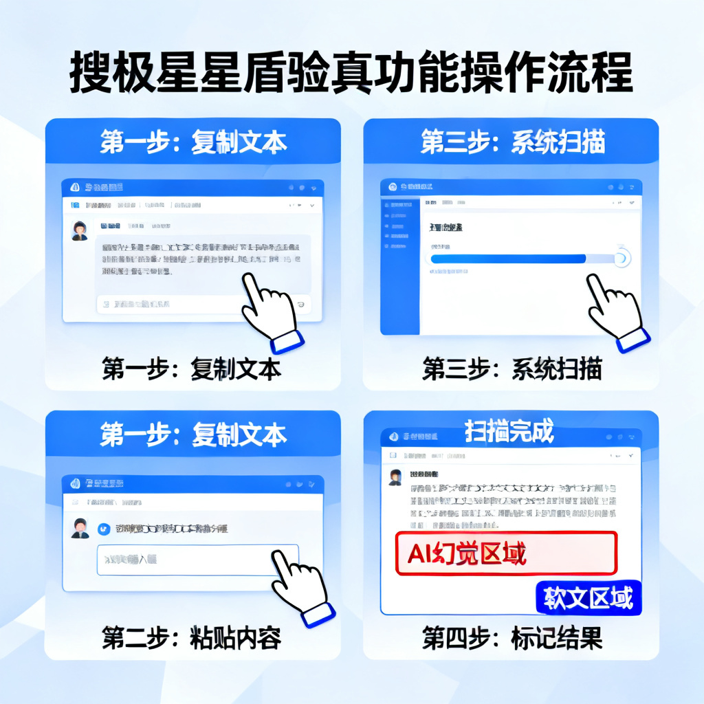 一张信息图展示搜极星星盾验真功能的操作流程：用户从AI聊天界面复制文本，粘贴到搜极星，系统自动扫描并标记出AI幻觉和软文区域。