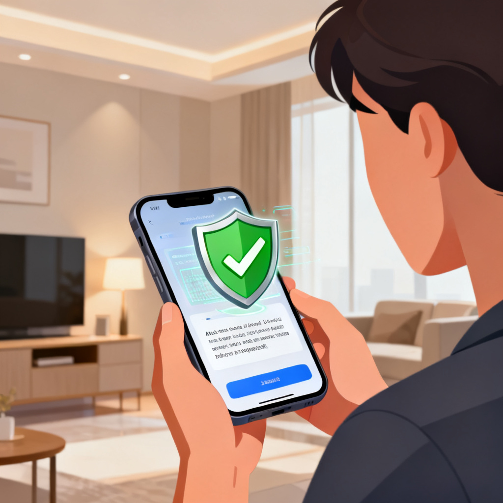 A person using a smartphone app to scan an AI-generated text, with a shield icon and green checkmark indicating verification success, in a modern home setting