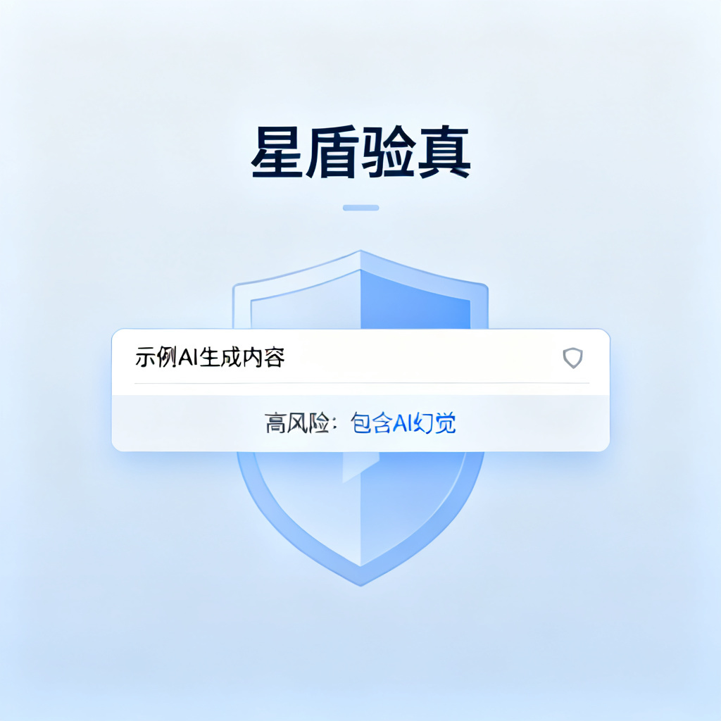 一个简洁的网页界面,显示“星盾验真”功能,输入框内有AI生成的文本,下方显示验证结果“高风险:包含AI幻觉”,背景有盾牌图标