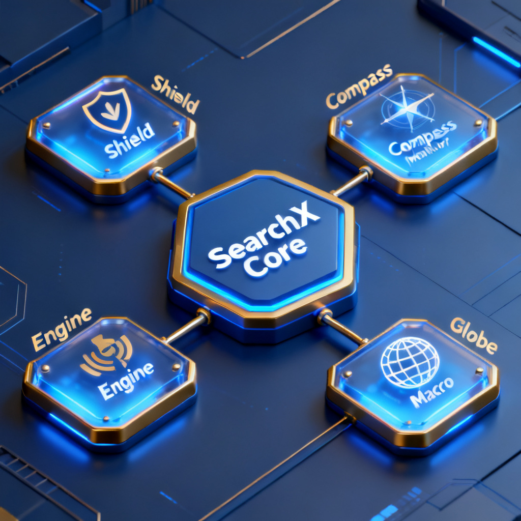 A futuristic, sleek 3D illustration showing a central hexagonal core labeled "SearchX Core" with four distinct glowing modules branching out: Shield for verification, Compass for monitoring, Engine for managed ops, and Globe for macro insights. Style: isometric, clean lines, blue and gold color scheme, tech business aesthetic.