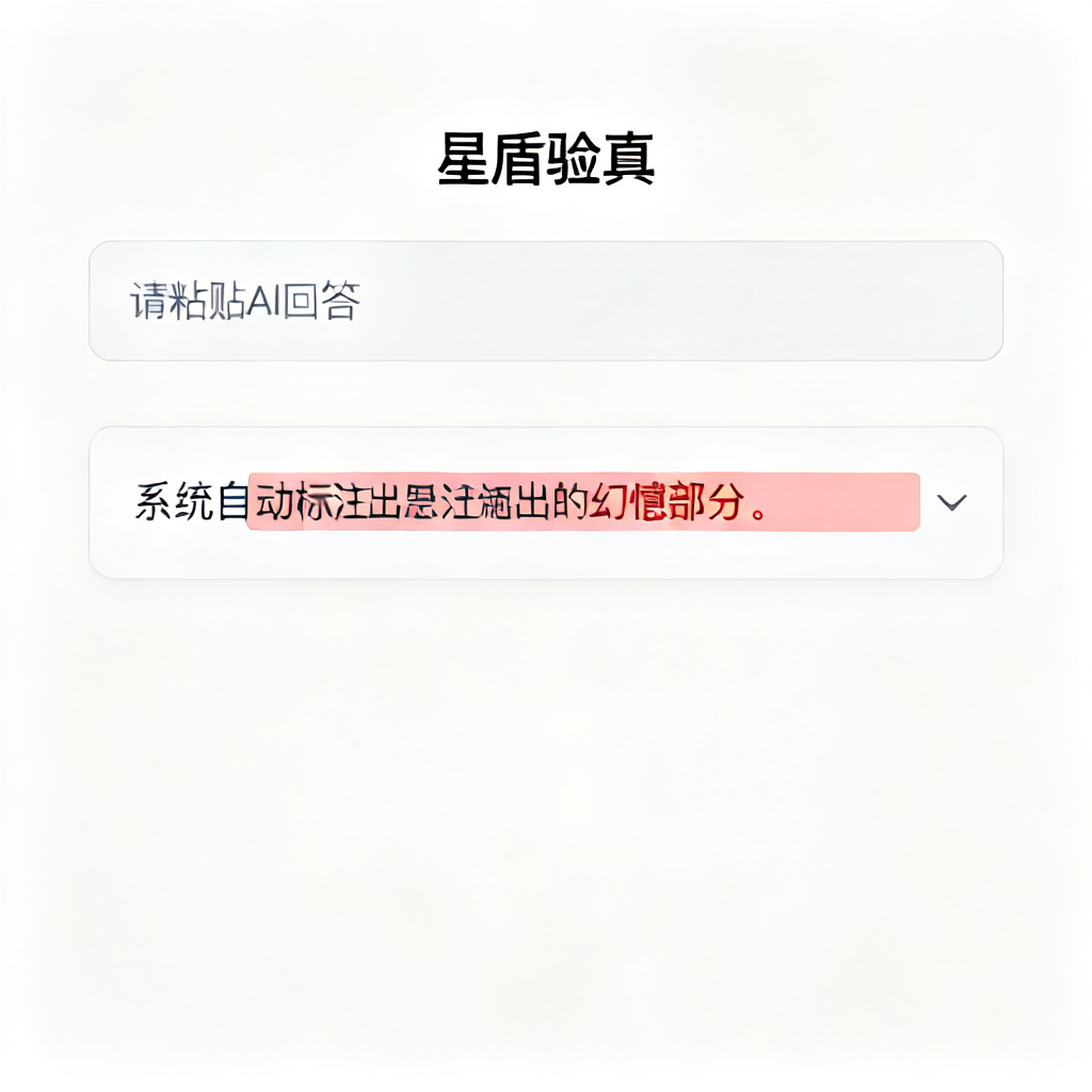 一个简洁的界面，显示“星盾验真”功能，用户粘贴AI回答后，系统自动标注出幻觉部分，用红色高亮。