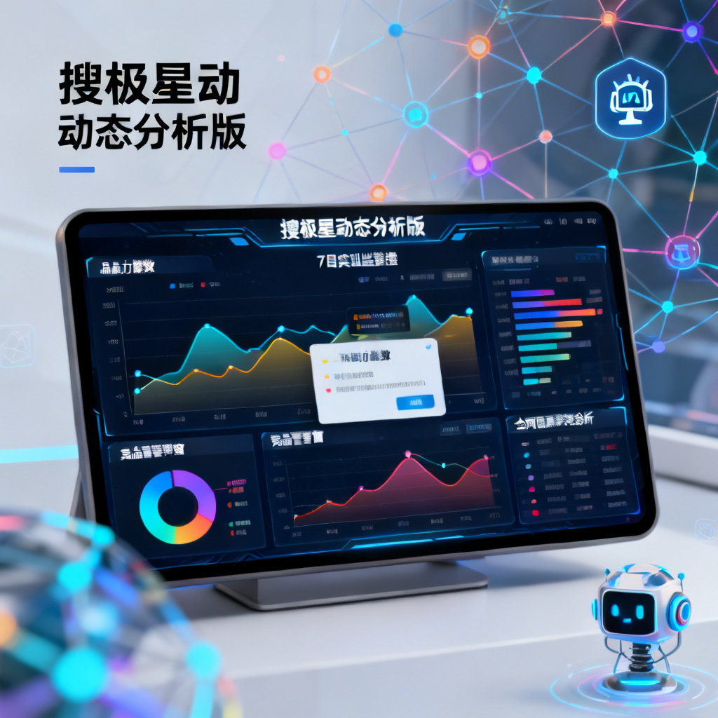 一个动态看板界面，显示搜极星动态分析版的7日实时监控数据，包含品牌力指数曲线、竞品预警弹窗、全网信源穿透分析图，背景有抽象的网络节点和AI模型图标，风格为UI界面设计，高对比度色彩