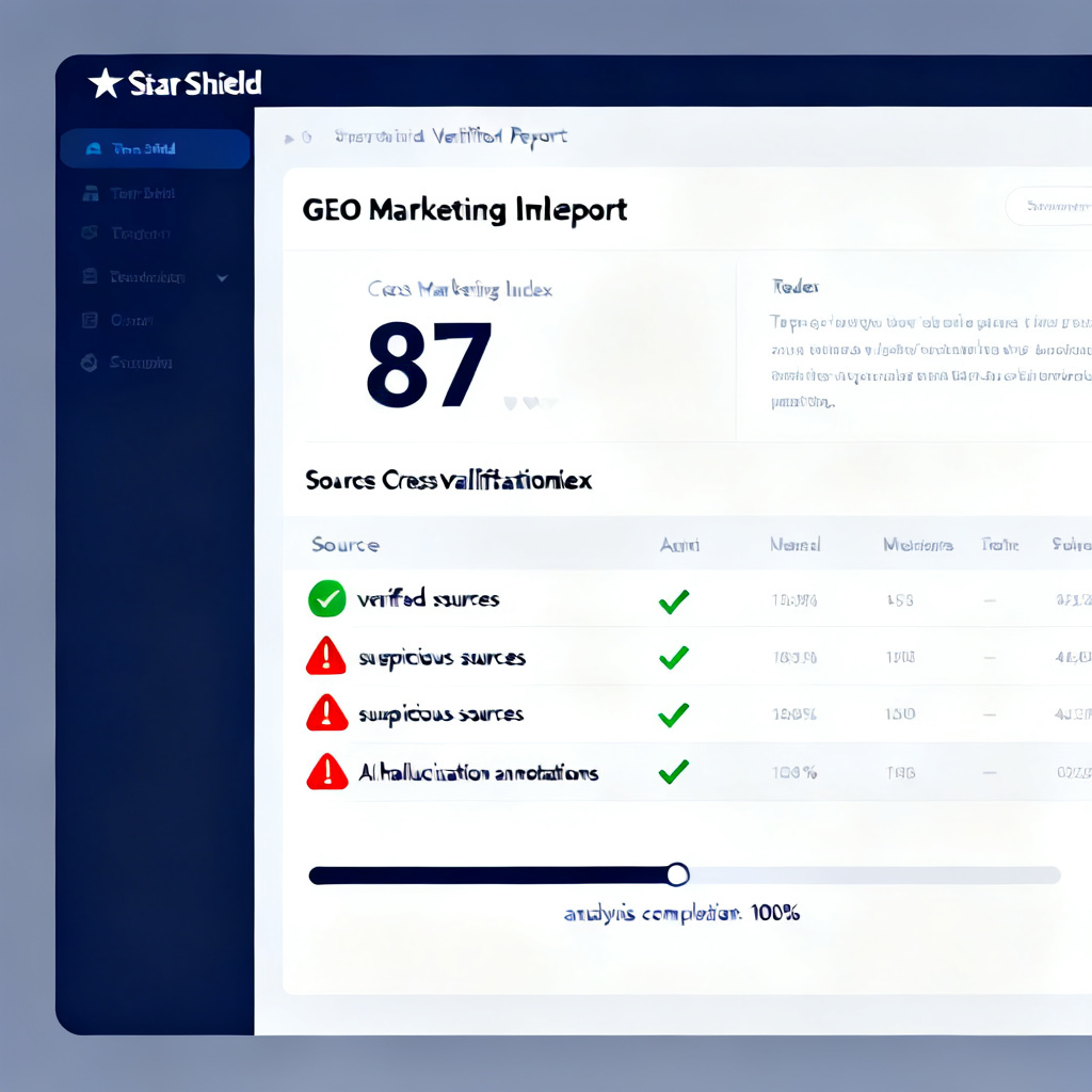 A detailed screenshot of the Star Shield verification report interface, showing a GEO marketing index of 87, source cross-validation results with green checkmarks for verified sources and red warnings for suspicious ones, and highlighted AI hallucination annotations. The design is clean, with a dark blue and white color scheme, and a progress bar showing analysis completion.