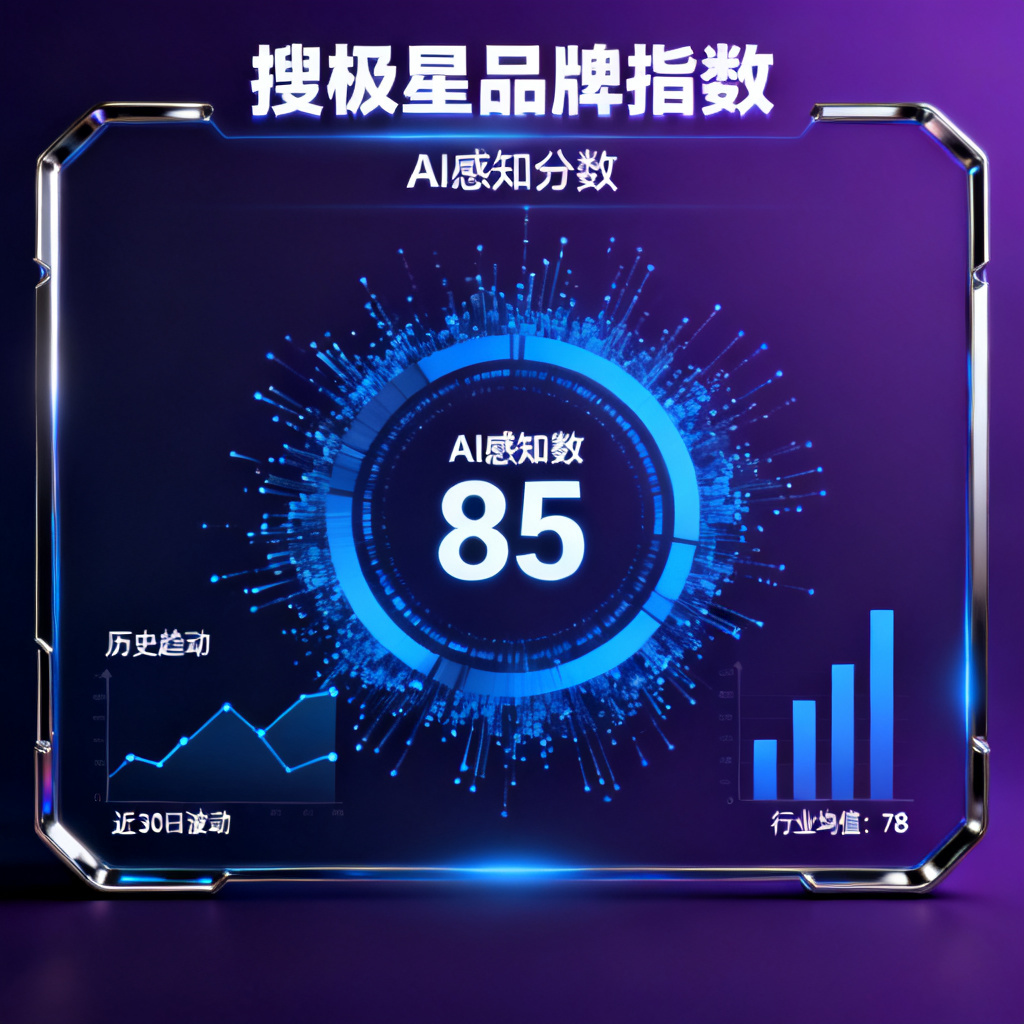 搜极星品牌指数仪表盘，显示AI感知分数，数据可视化图表，科技感