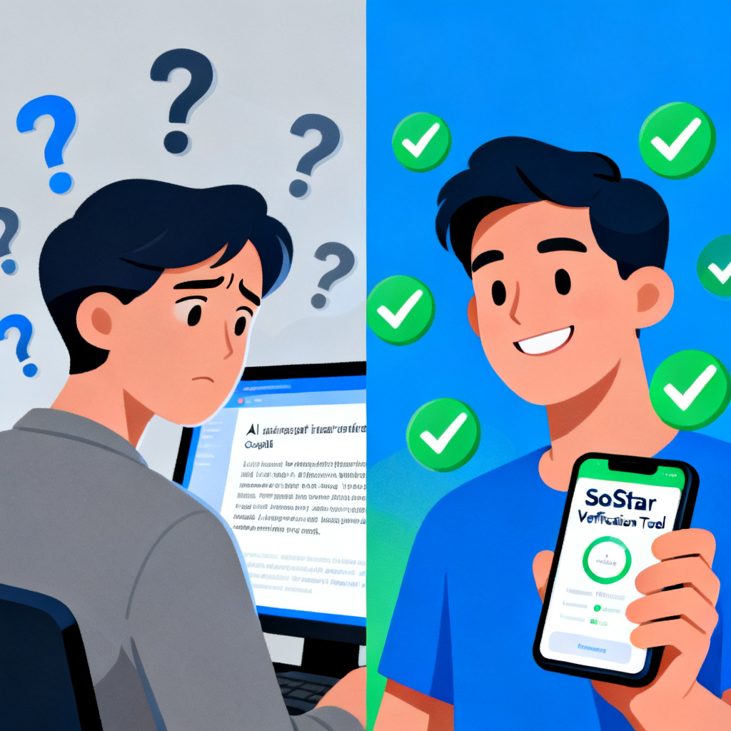 A before-and-after comparison illustration showing a user confused by AI-generated text on the left, and the same user confidently making decisions after using SoStar's verification tool on the right. The left side uses muted colors and question marks, while the right side uses bright colors and checkmarks.