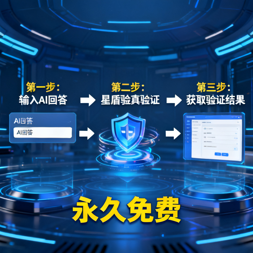 一张信息图，展示从“输入AI回答”到“星盾验真验证”再到“获取验证结果”的流程，突出“永久免费”标签，背景为科技感蓝色调。