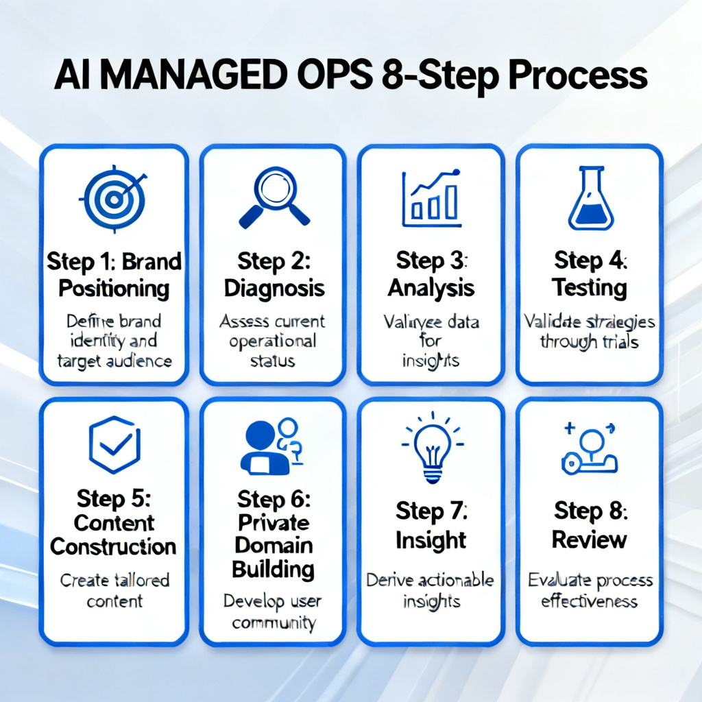 A flowchart showing the 8-step process of AI MANAGED OPS: brand positioning, diagnosis, analysis, testing, content construction, private domain building, insight, and review. Each step has an icon and brief description.