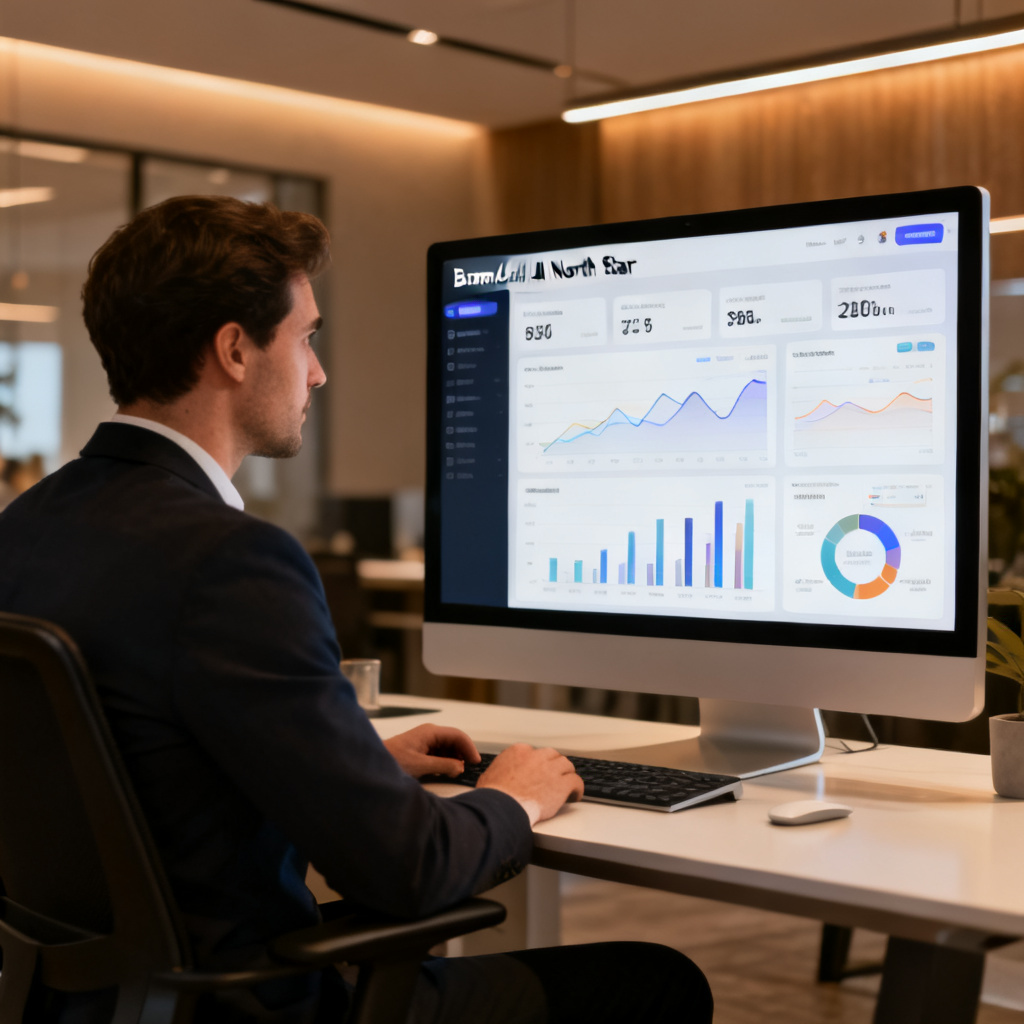 A marketing manager sitting at a modern desk, looking at a large monitor displaying a dashboard with charts and metrics, the screen shows 'Brand AI North Star' interface, warm lighting, professional atmosphere, photorealistic, 8K