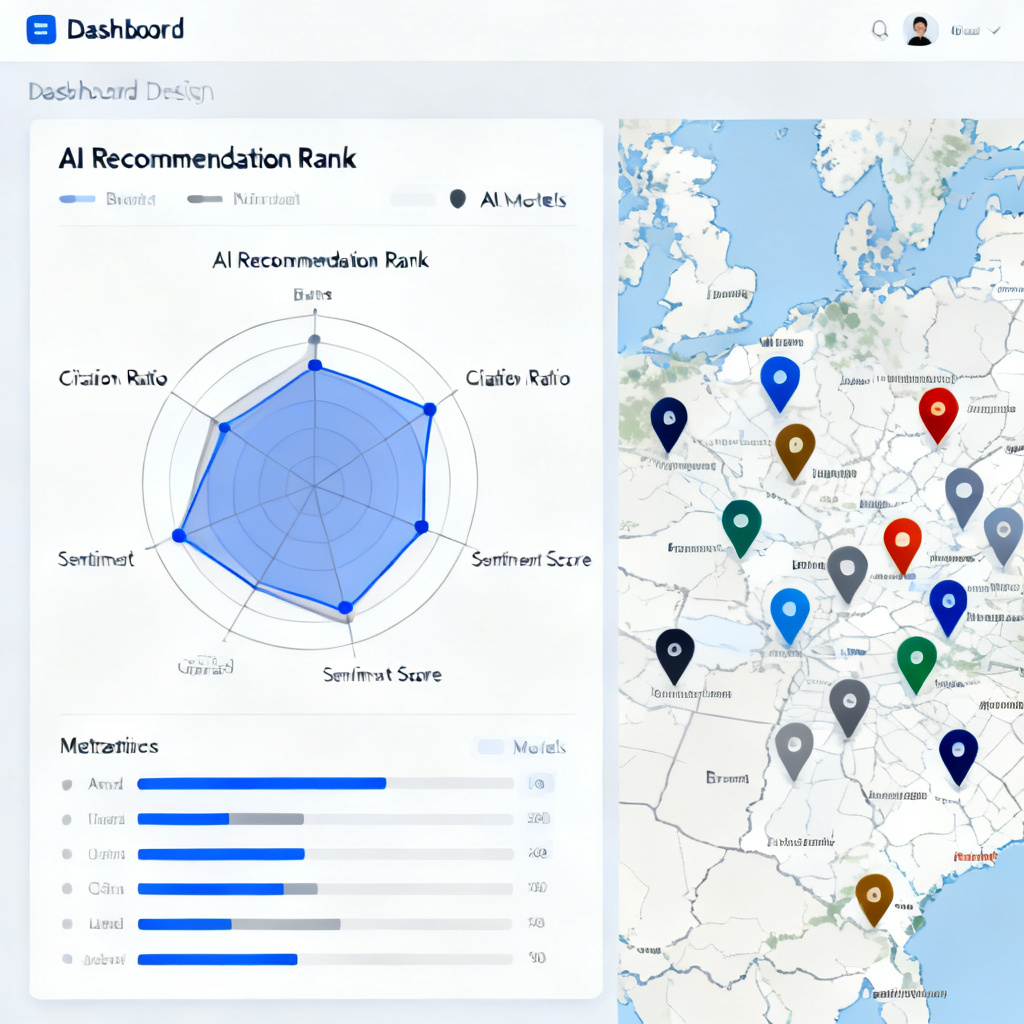 A dashboard interface showing a radar chart with metrics like "AI Recommendation Rank", "Citation Ratio", "Sentiment Score", and a map of brand mentions across 12 AI models.
