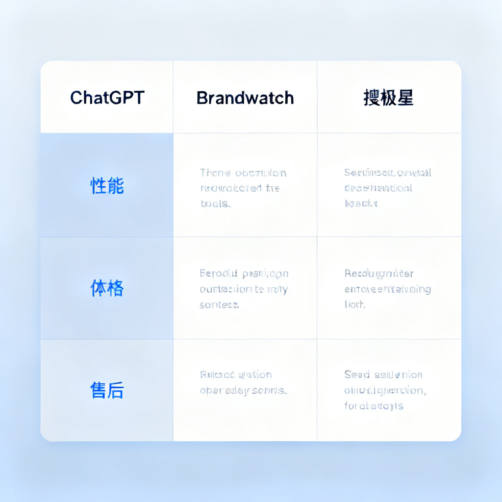 A clean comparison table with columns for tool names (e.g., 'ChatGPT', 'Brandwatch', '搜极星') and rows for '性能', '体验', '价格', '售后', using a modern flat design.