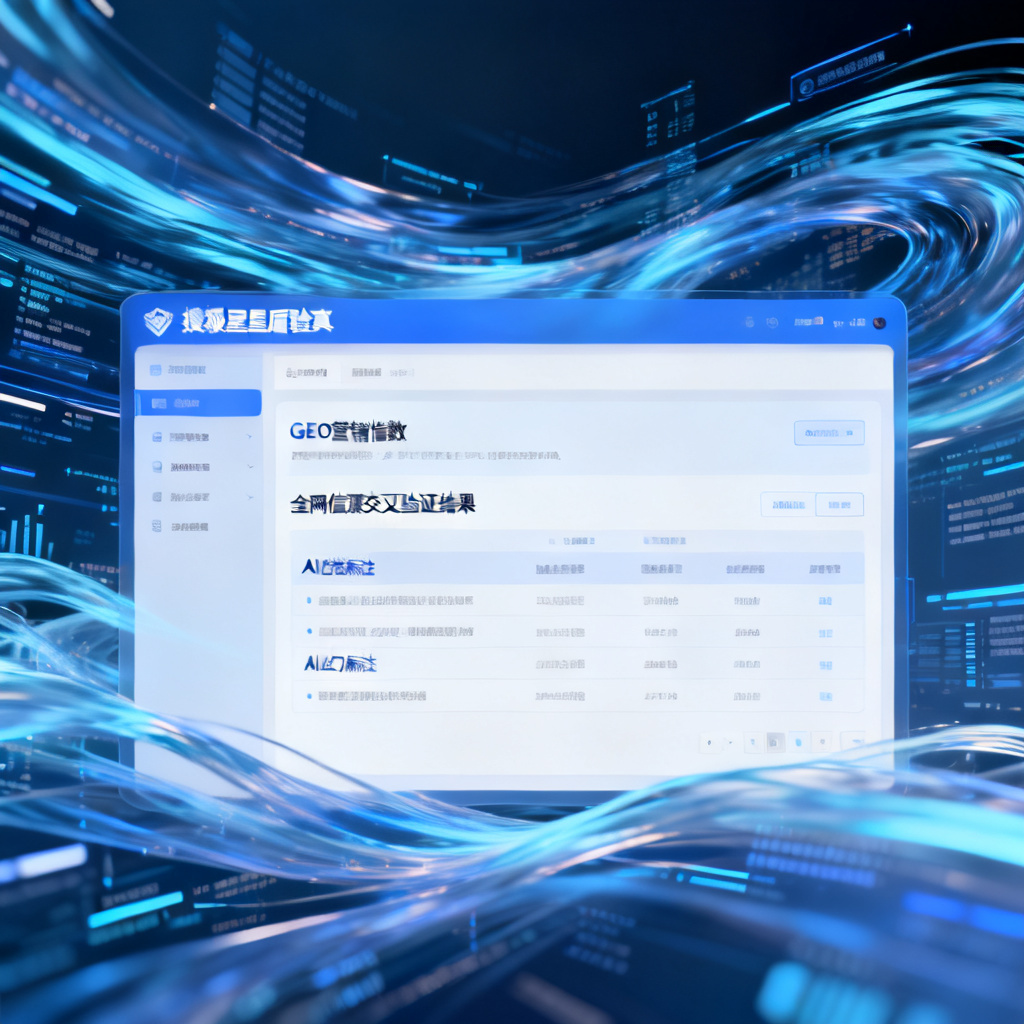 搜极星星盾验真界面示意图，显示AI检测报告，背景为数据流，报告内容包括GEO营销指数、全网信源交叉验证结果、AI幻觉标注