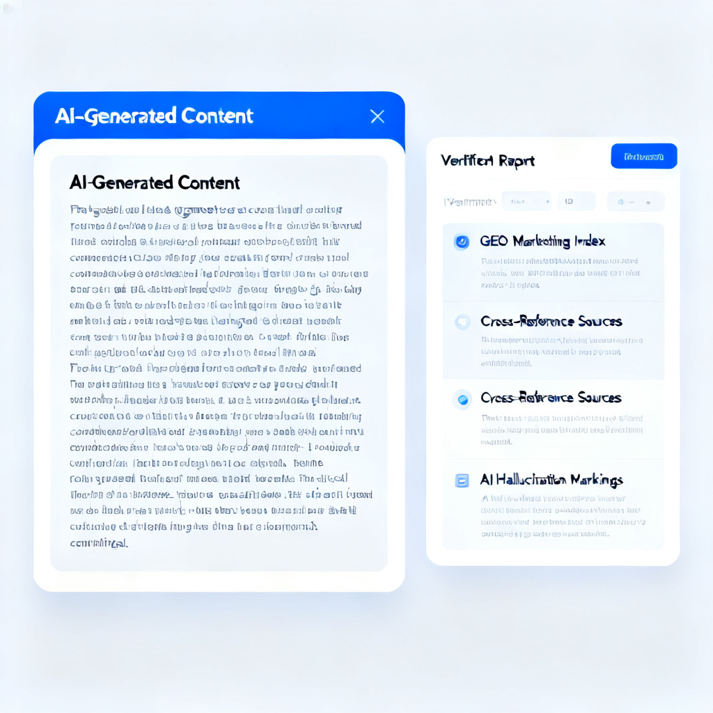 A user interface showing the Star Shield verification process, with a text box containing pasted AI-generated content on the left, and a verification report on the right showing GEO marketing index, cross-reference sources, and AI hallucination markings, clean modern design with blue and white color scheme