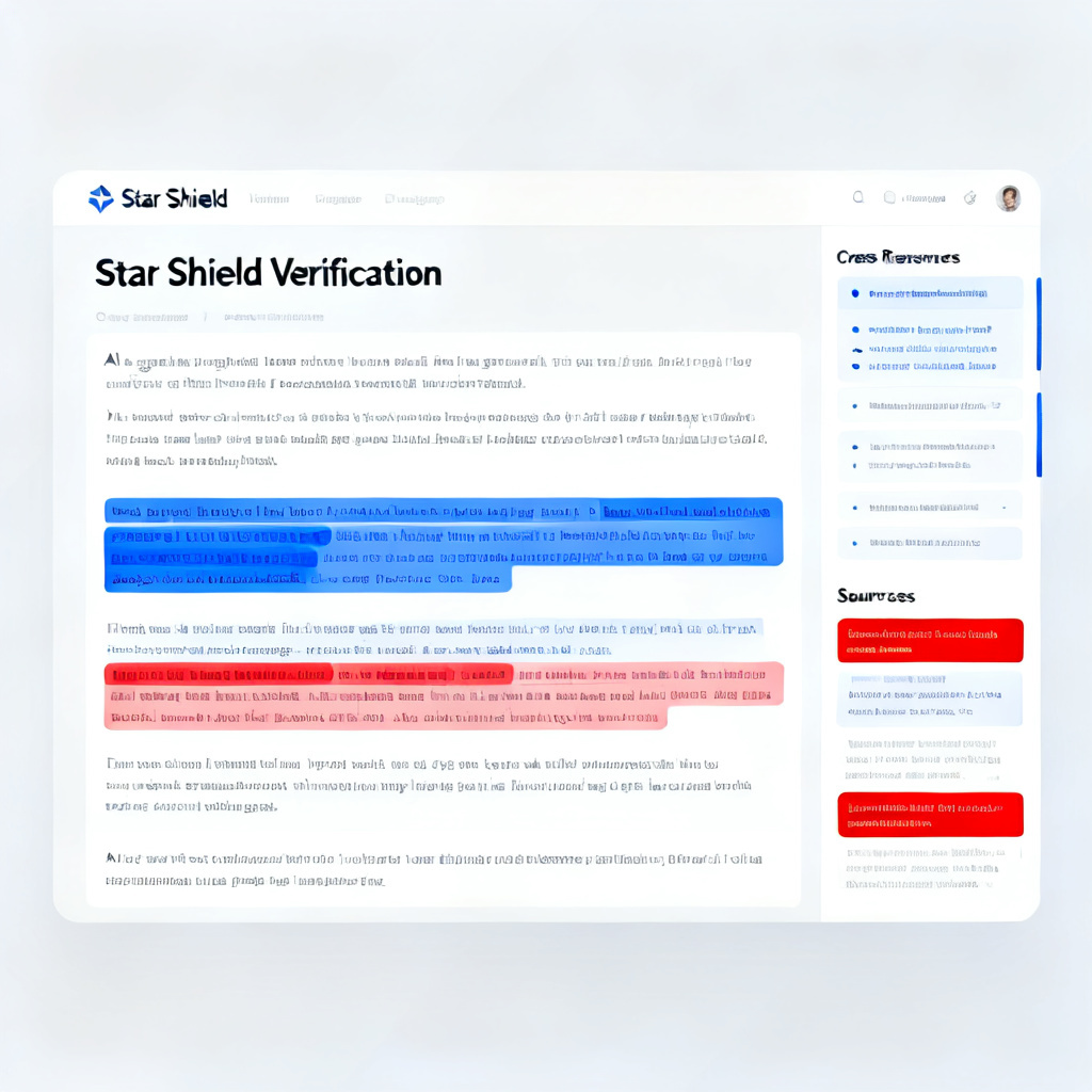 A screenshot of the "Star Shield Verification" interface showing highlighted false information in AI-generated text, with cross-reference sources displayed on the right panel. The design is clean and minimalist, using blue and red color coding for accurate vs. inaccurate content.