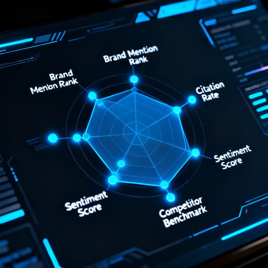 A high-tech dashboard showing a radar chart with metrics like 'Brand Mention Rank', 'Citation Rate', 'Sentiment Score', 'Competitor Benchmark'. Data points glowing in neon blue on a dark background.