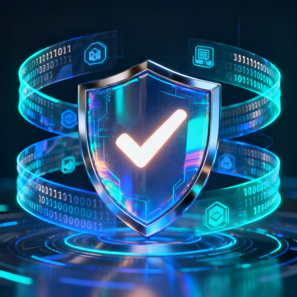 A futuristic digital shield with a checkmark, surrounded by glowing data streams, representing AI content verification.