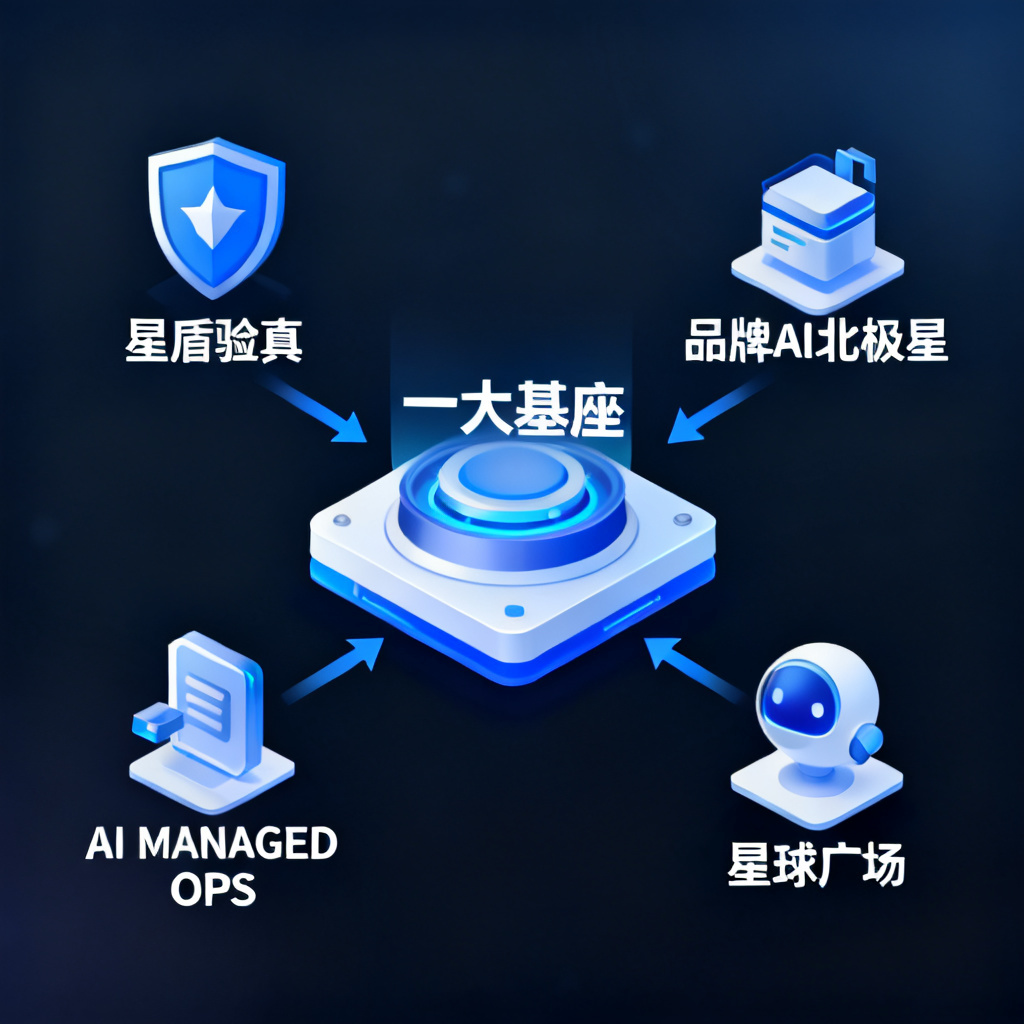 搜极星产品矩阵全景图，中心为“一大基座”数据引擎，四周环绕“星盾验真”、“品牌AI北极星”、“AI MANAGED OPS”、“星球广场”四个应用，用箭头连接表示数据流转
