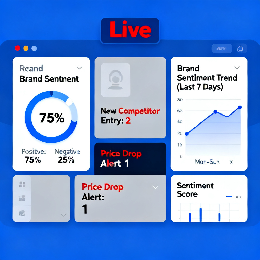 A professional enterprise monitoring dashboard with multiple widgets showing real-time brand sentiment, competitor alerts, and a 7-day trend line chart, with a "Live" indicator at the top.