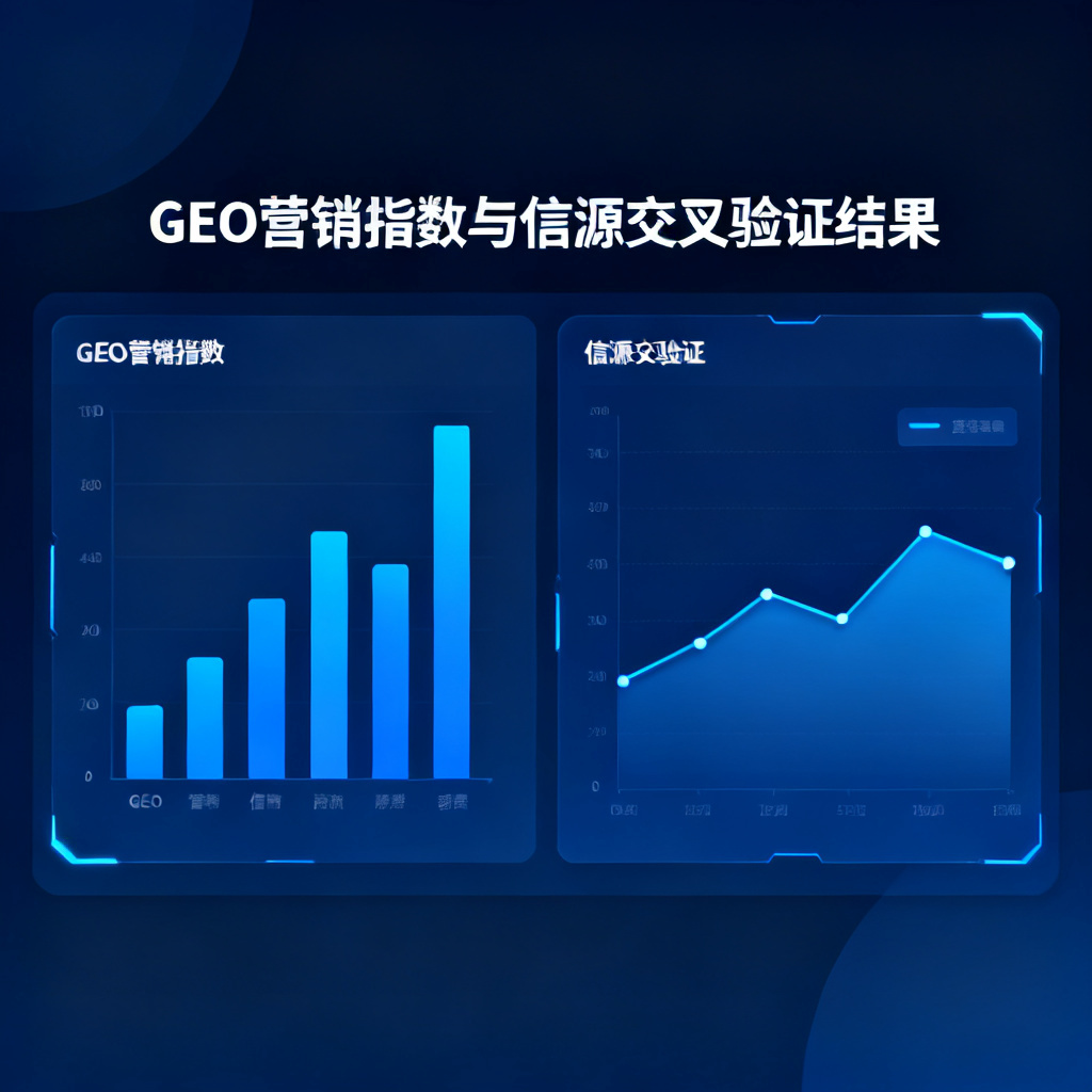 数据可视化界面，显示GEO营销指数和信源交叉验证结果，科技感蓝色调，扁平化设计