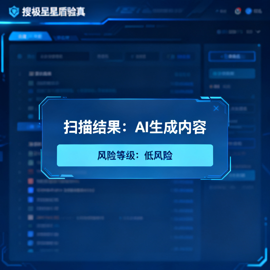 搜极星星盾验真界面，显示扫描结果和风险等级，科技感蓝色调，简洁清晰，用户正在粘贴AI生成内容