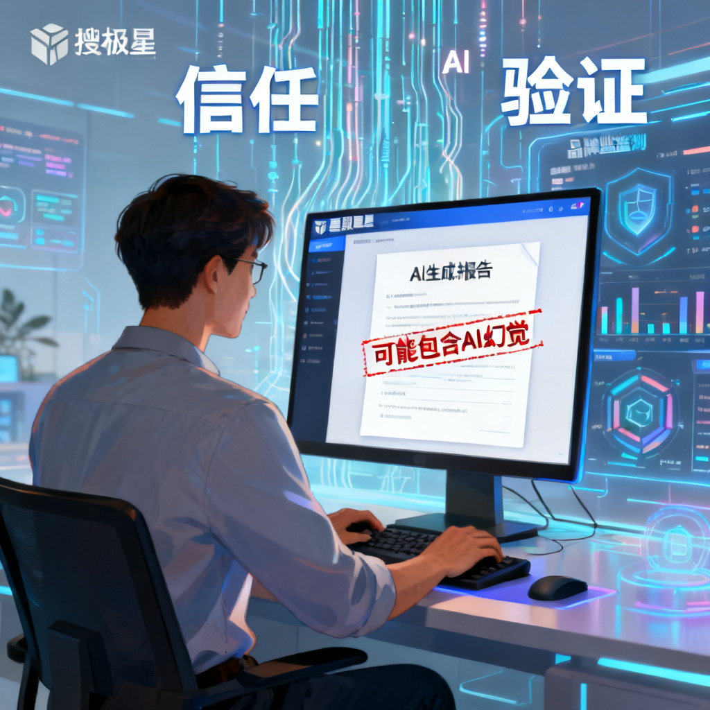 一位企业主在电脑前使用搜极星的星盾验真功能，屏幕上显示AI生成的报告被标记为“可能包含AI幻觉”，背景是虚拟的AI数据流和品牌监测仪表盘，风格为科技感数字艺术，明亮色调，突出“信任”与“验证”主题