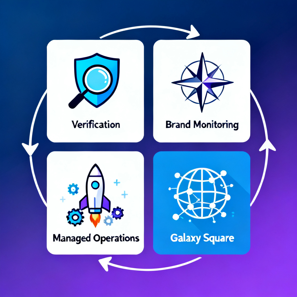 A comparative infographic showing four distinct software modules arranged in a 2x2 grid. Each module is represented by a unique icon and color: a magnifying glass over a shield (Verification), a compass with a star (Brand Monitoring), a rocket with gears (Managed Operations), and a globe with data nodes (Galaxy Square). Arrows indicate data flow between modules, forming a circular loop. The style is flat, modern, with a gradient background from deep blue to purple.